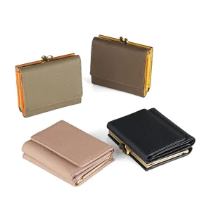 Women genuine leather trifold wallet with cute kiss-lock coin pocket and multiple card slots.