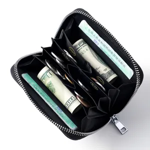 Genuine leather zipper coin purse multifunctional mini card holder wallet for women black
