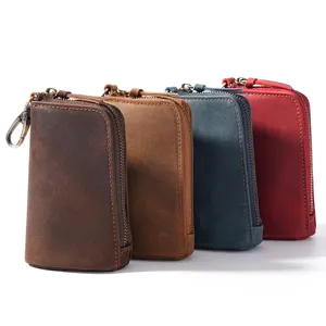 Étui à Clés Vintage en Cuir Véritable pour Hommes Porte-Clés de Voiture Multifonctionnel Fermeture Éclair Portefeuille à Clés Utilisation Quotidienne