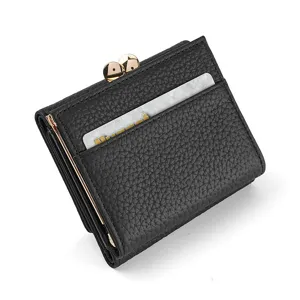 Black genuine leather trifold wallet for women with kiss lock clasp and multiple card slots.