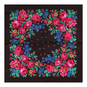 Russian floral square scarf, traditional ethnic black cotton head wrap and stylish neckerchief.