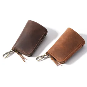 Porte-clés en cuir véritable crazy horse pour homme avec fermeture éclair et crochet.