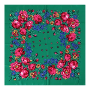 Detailed view of a green Russian ethnic floral print square scarf, cotton headscarf.