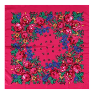 Russian floral printed square scarf, 70x70cm cotton women headscarf detail view.
