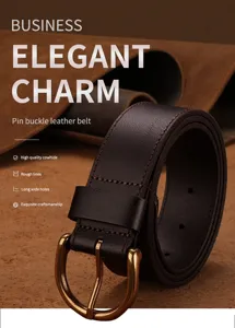 Vintage brown leather belt detail, classic pin buckle and high quality cowhide with neat stitches.
