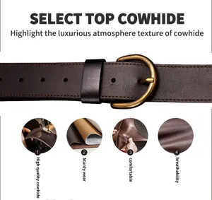 Men vintage genuine cowhide leather belt detail, quality brass pin buckle and texture.