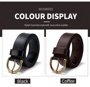 Mens vintage leather belt business casual pin buckle genuine cowhide trouser belt detail view