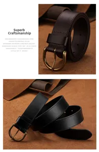 Detailed view of genuine leather men belt with metal pin buckle in black and brown colors.