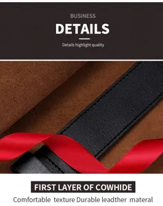 Detail shot of men's genuine cowhide leather belt showcasing fine texture and high quality.
