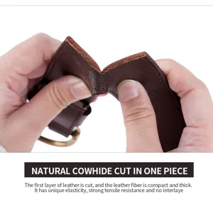 Close-up detail shot of genuine top-layer cowhide leather belt cross-section showing thick fiber.