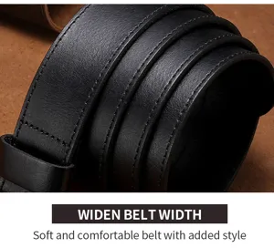 Close-up detail of wide black genuine cowhide leather belt with exquisite stitching finish.
