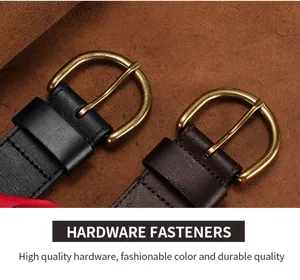Detailed close-up of mens leather belt with brass pin buckle, showing premium texture.