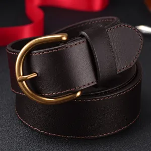Men's retro genuine leather belt with classic pin buckle, durable brown cowhide strap.