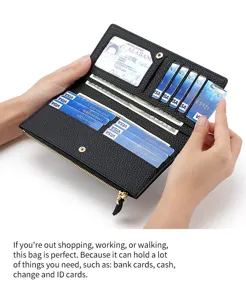 Black leather long wallet with multi card slots, zipper coin pocket and transparent ID window.