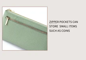 Nahaufnahme des mintgrünen Leder-Geldbörsendetails mit Reißverschlusstasche und Metallzipper.