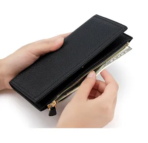 Black long genuine leather wallet for women with zipper and card slots, stylish and practical.
