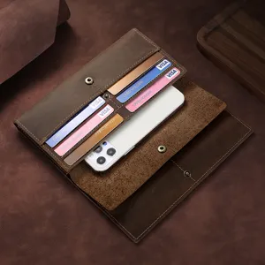 Men Vintage Genuine Crazy Horse Leather Wallet Large Capacity Multi Card Holder Long Bifold Trifold Wallet Purse