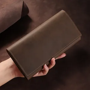 Vintage Crazy Horse Leather Long Wallet Men Multifunctional Tri-fold Clutch Purse Main View