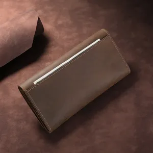 Men's vintage crazy horse leather long trifold wallet large capacity clutch purse brown.