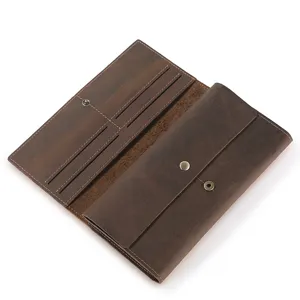 Men's genuine crazy horse leather long wallet vintage trifold clutch with multiple card slots.