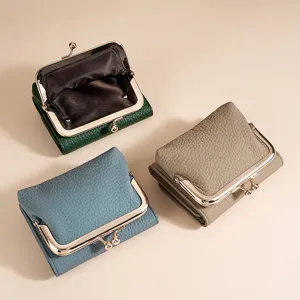 Women's Genuine Leather Short Wallet Metal Kiss Lock Clasp Coin Purse RFID Blocking Card Holder