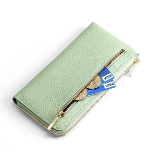 Damen Echtleder Geldbörse lang minimalistisch Reißverschluss Münztasche hellgrün
