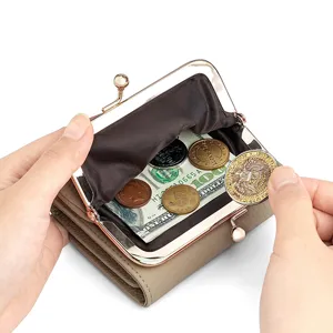 Women short leather kiss-lock wallet coin purse with multi card slots and metal frame clasp.