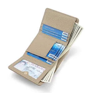 Women short genuine leather wallet with card slots RFID blocking coin purse stylish beige