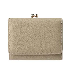 Compact women genuine leather short wallet featuring metal kiss lock and card slots.