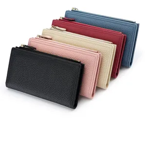 Detailed view of women's long genuine leather wallet with multi-card slots and zipper coin pocket.