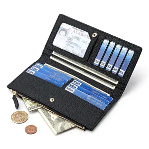 Black genuine leather long wallet for women with card slots, ID window and coin pocket.