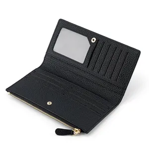 Black leather long wallet for women with multiple card slots and secure zipper pocket.