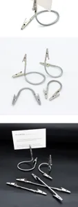 Stainless steel double-head alligator clip with flexible gooseneck for memo and card holder.