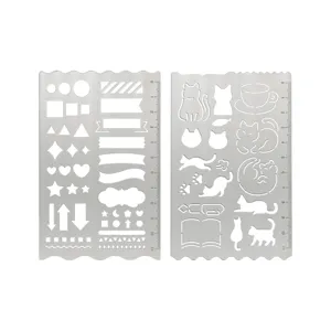 Stainless steel drawing stencil ruler set, hollow geometric and cat patterns for journaling craft.