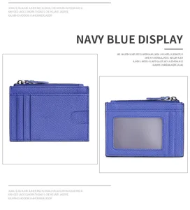 Portacarte in pelle blu navy con tasca con zip, scomparti multipli e finestra ID trasparente.