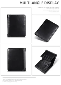 Detail view of men's genuine leather trifold wallet with multiple card slots and sleek black design.
