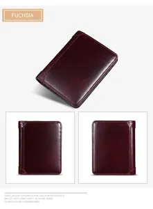 Detail view of the genuine leather trifold wallet showing fine texture and multi card slots.