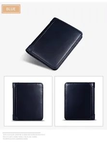 Detailed view showing multi-card slots and premium texture of the blue leather wallet.
