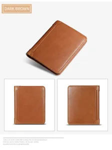 Detail view of a genuine leather trifold wallet for men, dark brown multi-card slot design.