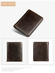Men vintage leather trifold wallet dark coffee multi card holder short purse RFID blocking