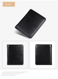 Close-up detail of the black genuine leather men's wallet featuring multiple card slots.