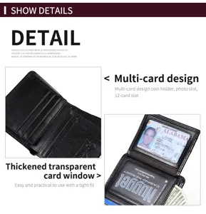 Mens genuine leather bifold wallet with multi card slots ID window and compact design details