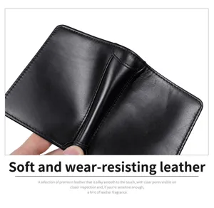 Black genuine leather wallet detail view showcasing smooth soft texture and premium quality.