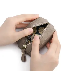 Genuine leather women coin purse small zipper wallet portable change pouch grey color