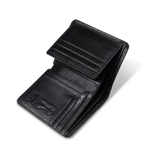 Black genuine leather men's trifold wallet with multiple card slots and clear texture.