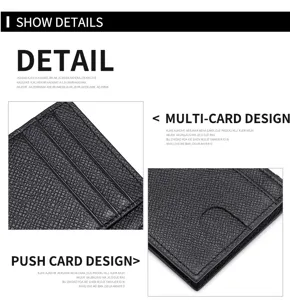 Dettaglio porta carte in pelle nera con motivo a croce, fessure multiple e design a spinta.