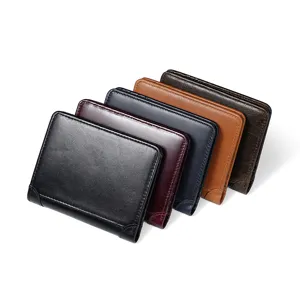 Men's genuine leather short wallet multi-card holder oil wax tri-fold business purse