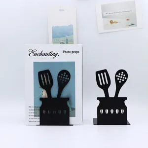 Black metal bookends kitchen utensil shape decorative book organizer for desk shelf