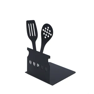 Black metal L-shaped bookend with kitchen utensil cutouts for desk and bookshelf storage.
