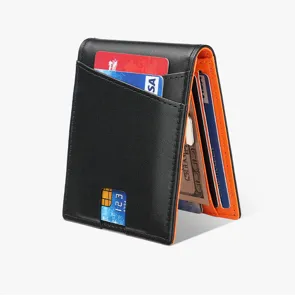 Cartera minimalista de cuero para hombre con clip para dinero y tarjetero en negro y naranja.